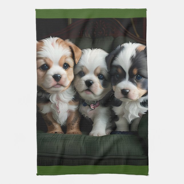 Super Cute Puppies on the Couch 2 Tea Towel (Vertical)