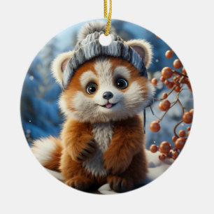 Super cute Red Panda with a fluffy hat Ceramic Tree Decoration