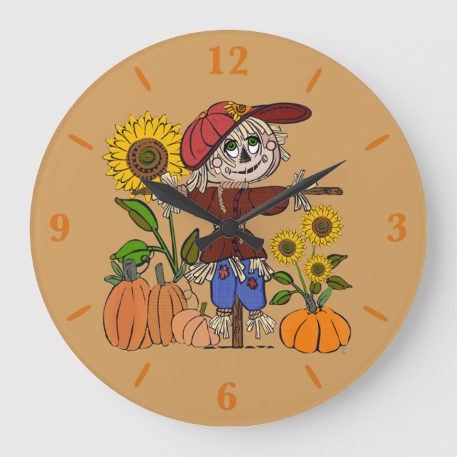 Super Cute Scarecrow Large Round Wall Art Clock  (Front)