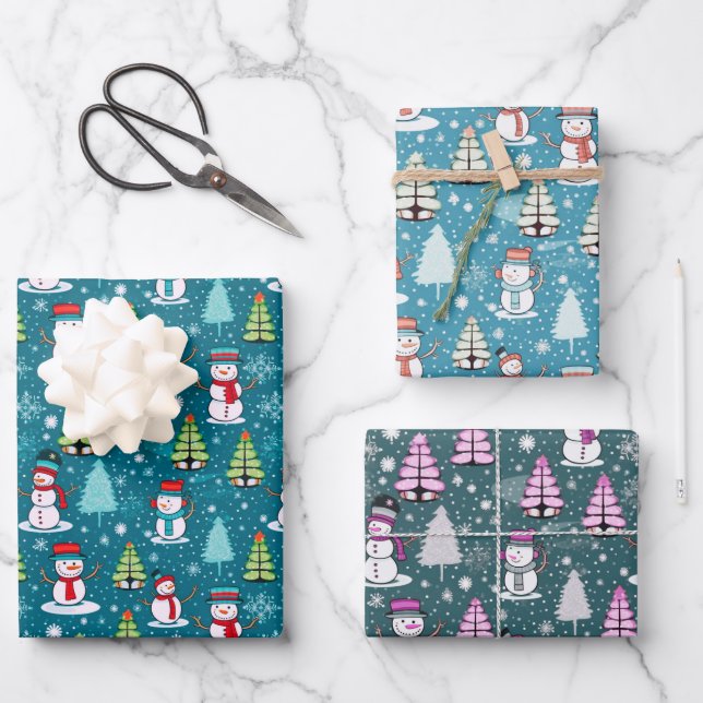 Super Cute Snowman and Christmas Trees Christmas Wrapping Paper Sheet (Front)