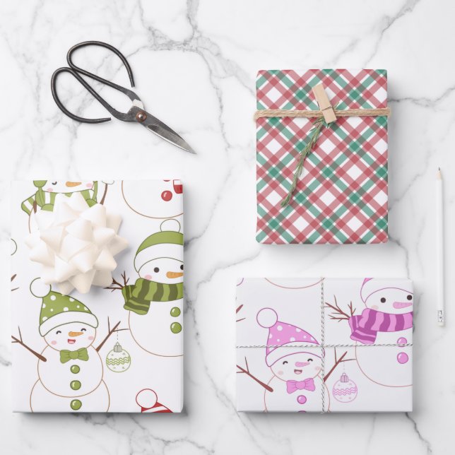 Super Cute Snowman and Holiday Plaid Christmas Wrapping Paper Sheet (Front)