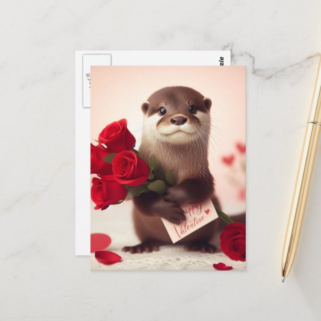 Super Cute Valentine Otter Postcard (Front/Back In Situ)