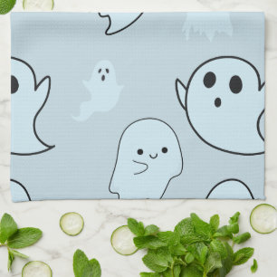 Super Cute White Ghosts Green Halloween Tea Towel