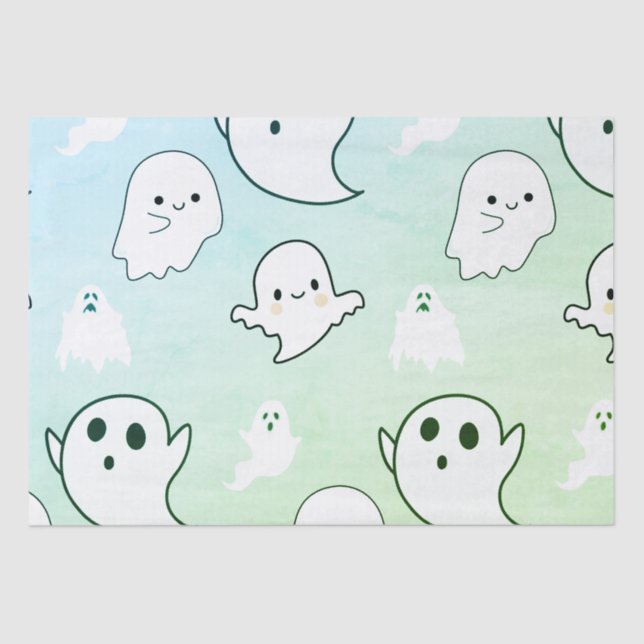 Super Cute White Ghosts Light Green Halloween Tissue Paper (Front)