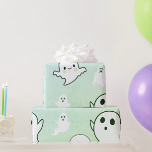 Super Cute White Ghosts Light Green Halloween Wrapping Paper