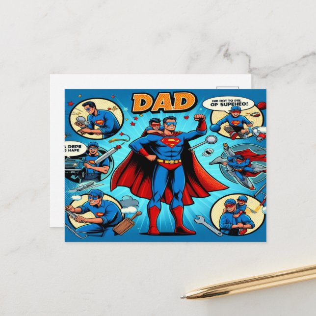 Super Dad comic book-style Holiday Postcard (Front/Back In Situ)