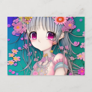 Super Detailed Anime Cartoon with Flowers and Glit Postcard