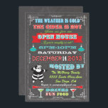 Super Fun Chalkboard Christmas Open House Invitation<br><div class="desc">Cheer up your Holidays with the poster style Christmas Open House invitation with retro santa claus,  banners,  cocktails and ornaments all on a chalkboard background with fun typography. The weather is cold,  the cider is hot so invite your friends over if they're naughty or not!</div>