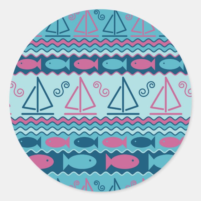Super Fun Fish And Sailboat Pattern Classic Round Sticker (Front)