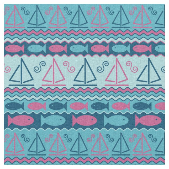 Super Fun Fish And Sailboat Pattern Fabric (Close Up)