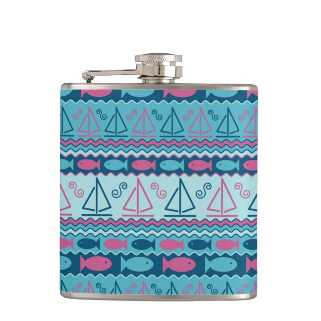 Super Fun Fish And Sailboat Pattern Hip Flask (Front)
