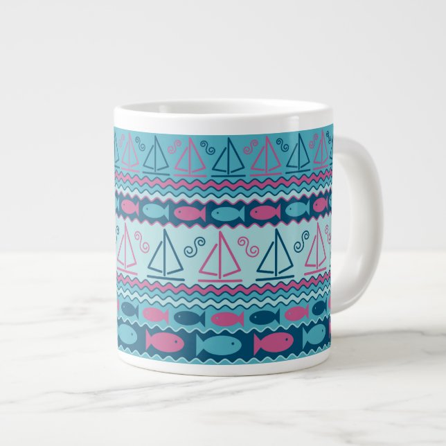 Super Fun Fish And Sailboat Pattern Large Coffee Mug (Front Right)