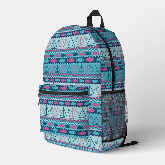 Super Fun Fish And Sailboat Pattern Printed Backpack (Back Corner Right)