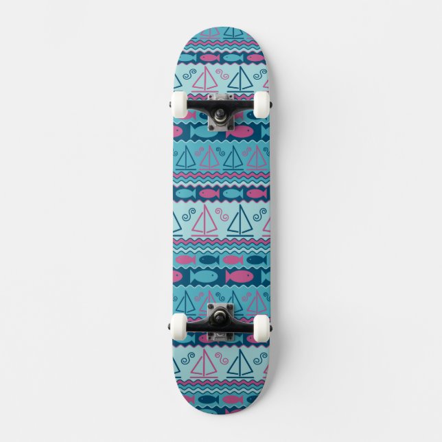 Super Fun Fish And Sailboat Pattern Skateboard (Front)