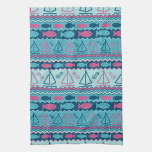 Super Fun Fish And Sailboat Pattern Tea Towel