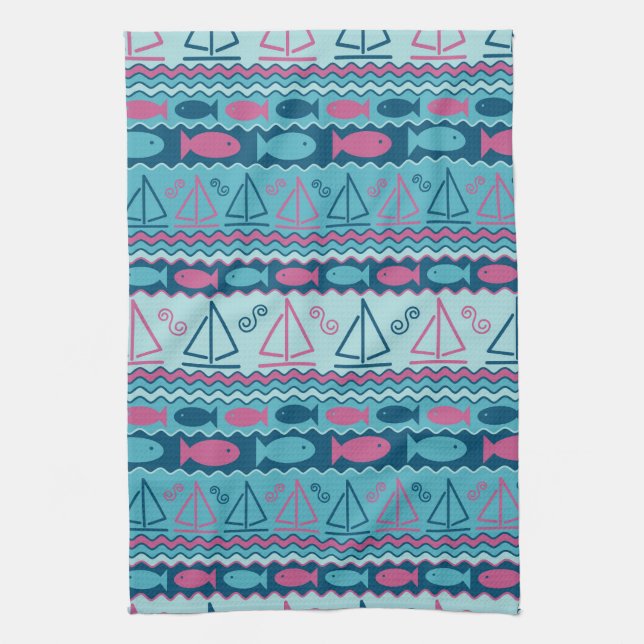 Super Fun Fish And Sailboat Pattern Tea Towel (Vertical)