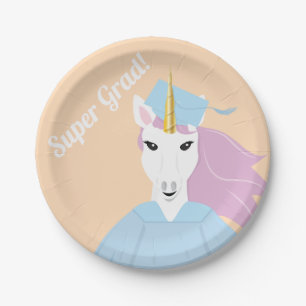 Super Grad Unicorn Peach Blue Purple Graduation Paper Plate