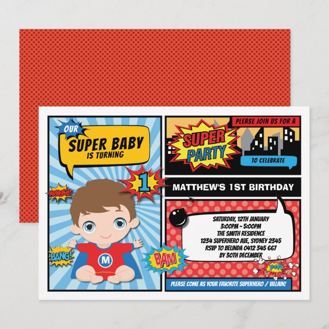 Super Hero 1st Birthday Superhero Comics Party Invitation (Front/Back)