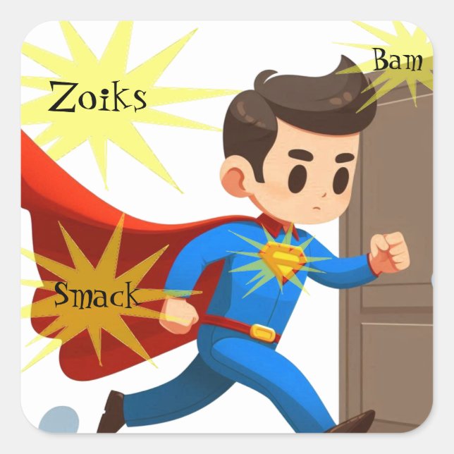 Super Hero Cartoon Guy with Action Words Square Sticker (Front)