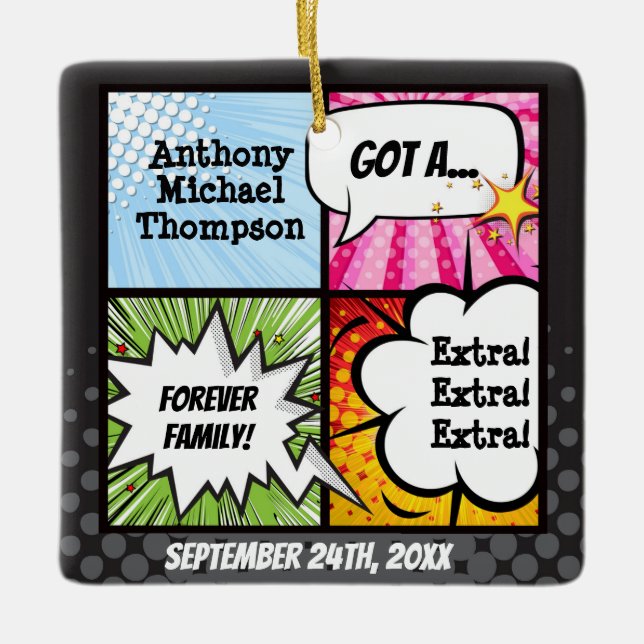 Super Hero Comic Book Adoption, Family Gift Ceramic Ornament (Front)