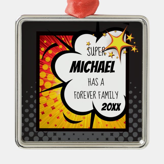Super Hero Comic Book Adoption, Family Gift Metal Tree Decoration (Front)