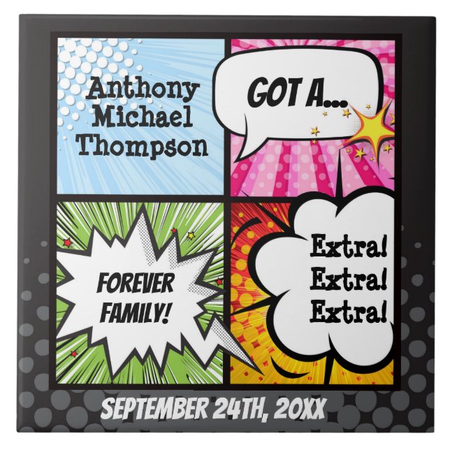 Super Hero Comic Book Adoption, Family Gift Tile (Front)