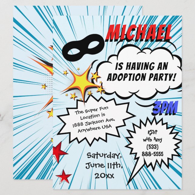 Super Hero Comic Book Adoption Party Invitation (Front/Back)