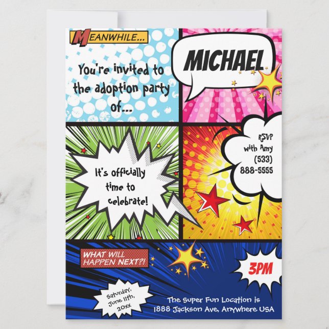 Super Hero Comic Book Adoption Party Invitation (Front)