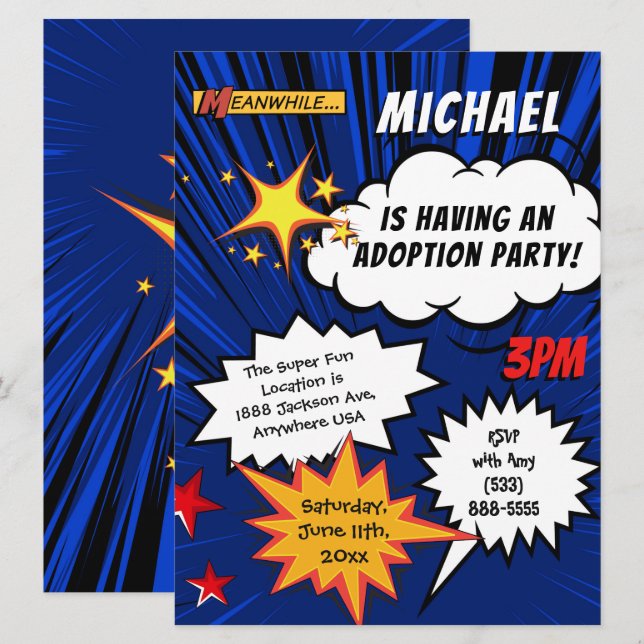 Super Hero Comic Book Adoption Party Invitation (Front/Back)