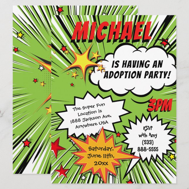 Super Hero Comic Book Adoption Party Invitation (Front/Back)