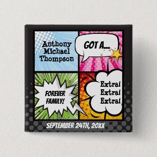 Super Hero Comic Book Adoption, Party Supplies 15 Cm Square Badge