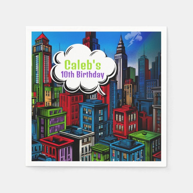 Super Hero Comic Book City Birthday Party Napkin (Front)