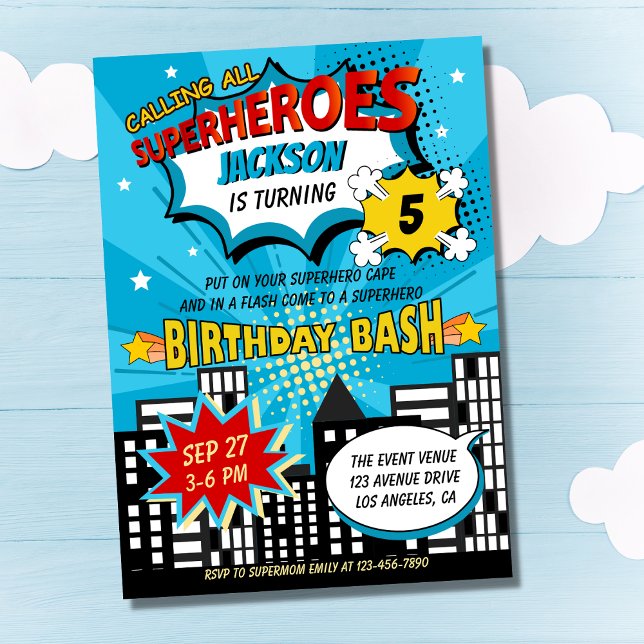Super Hero Comic Book Style Boy Birthday Blue Invitation (Creator Uploaded)