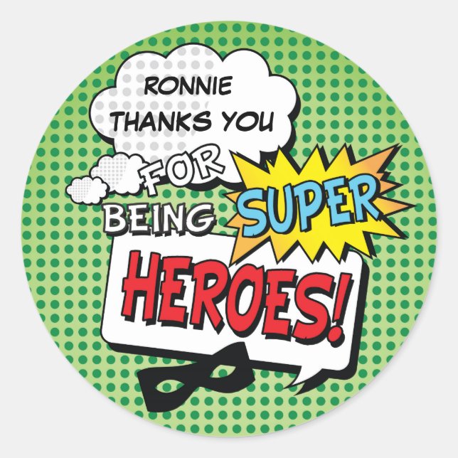 Super Hero Comic Strip Mask Kids Birthday Stickers (Front)