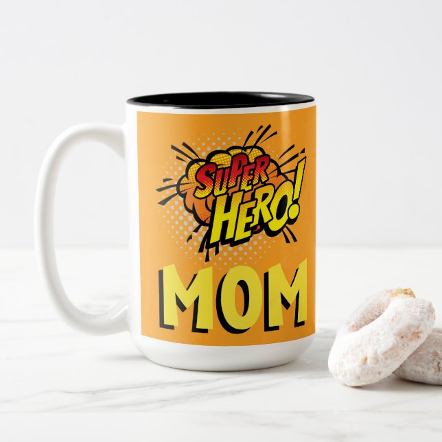 Super Hero Mum Comic Book Style Two-Tone Coffee Mug (With Donut)