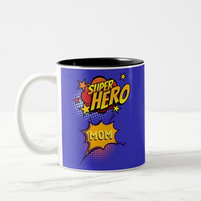 Super Hero Mum Comic Book Style Two-Tone Coffee Mug (Left)