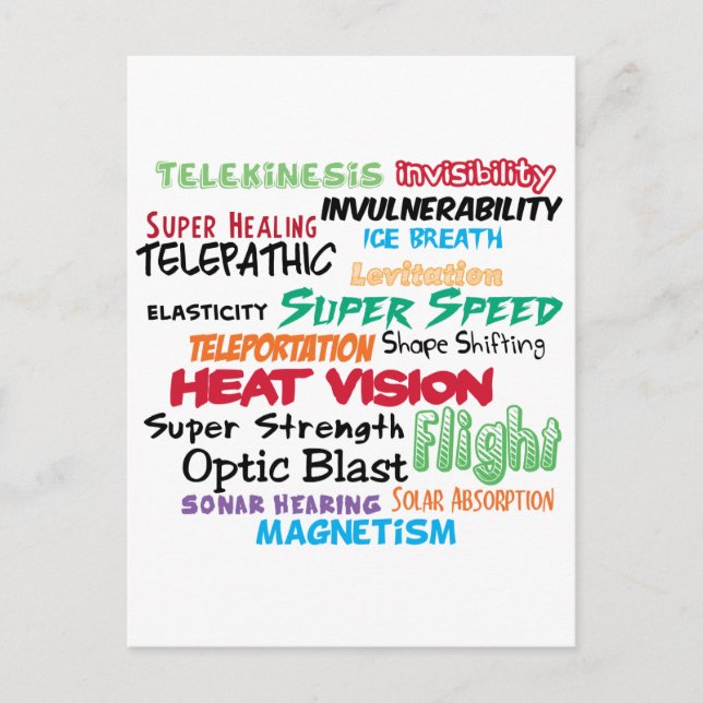 Super hero super powers postcard (Front)