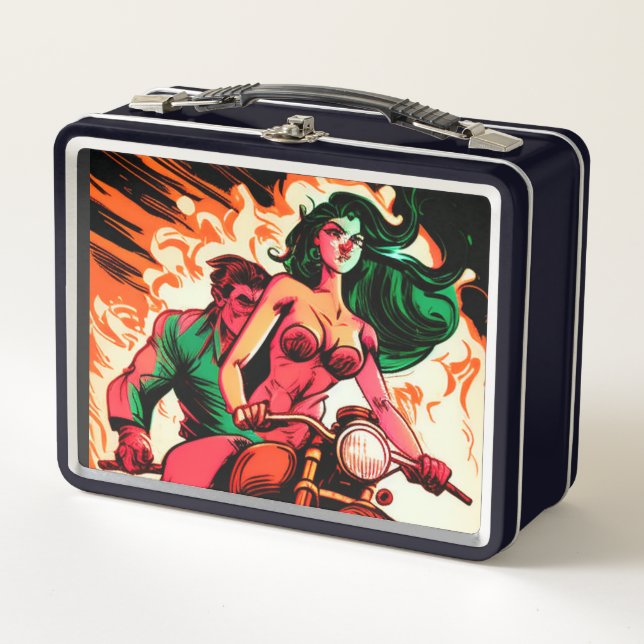 Super Hero Woman On Motorcycle Metal Lunch Box (Front)