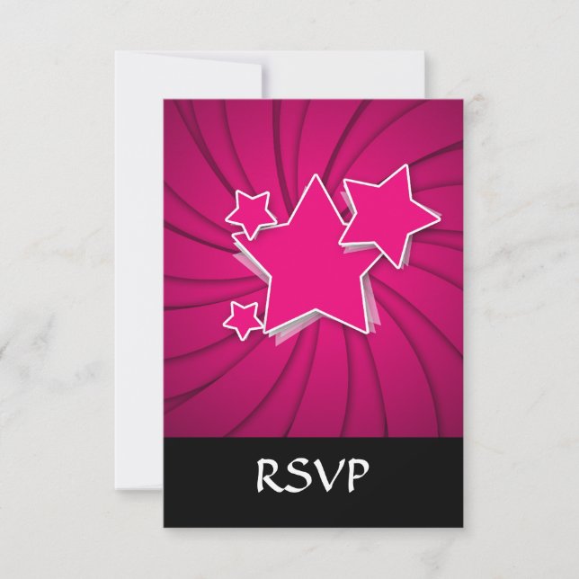 Super Hot Pink Stars and Swirl Background RSVP Card (Front)