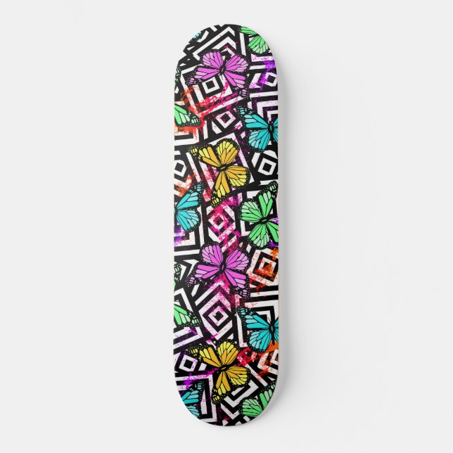 Super Kawaii Rainbow Splash Butterfly Squares Skateboard (Front)