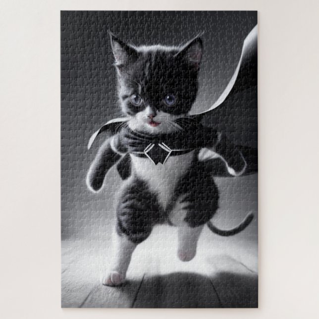 super kitten powers in black and white jigsaw puzzle (Vertical)