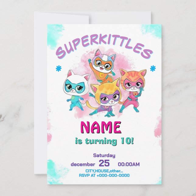 Super Kitties Birthday Invitation Template: Girl (Front)