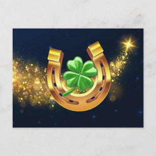 Super lucky horseshoe 4 leaf clover shooting star postcard
