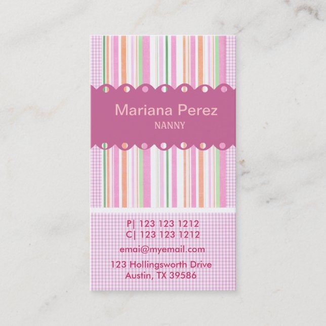 Super Modern Pink Girly Stripes Gingham Patterns Business Card (Front)