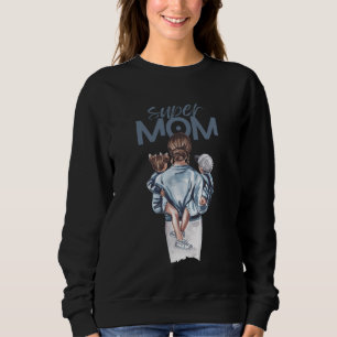 Super Mom Blue Watercolor Mother and Children Art Sweatshirt
