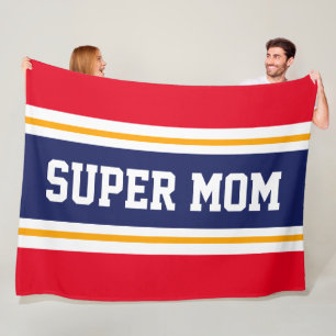 SUPER MOM Bright Red White Navy Blue Stripes Fleece Blanket