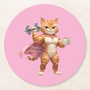 Super Mom Gym Cat Pink Tumbler Round Paper Coaster