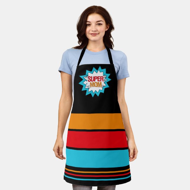 SUPER MOM Hero Theme Yellow Red Blue Black Apron (Worn)