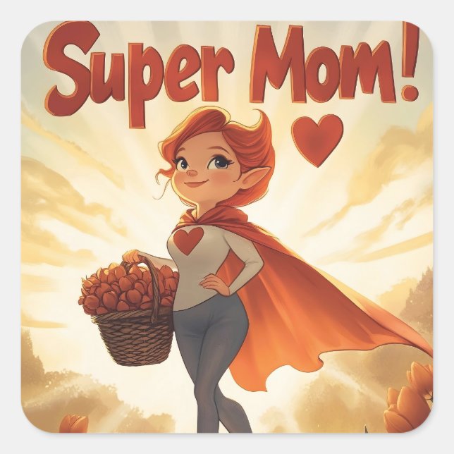 Super Mom Illustration Square Sticker (Front)