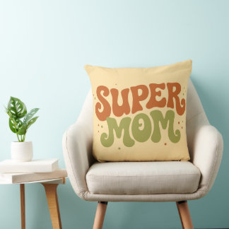 SUPER MOM Playful Retro Groovy Typography Cushion
